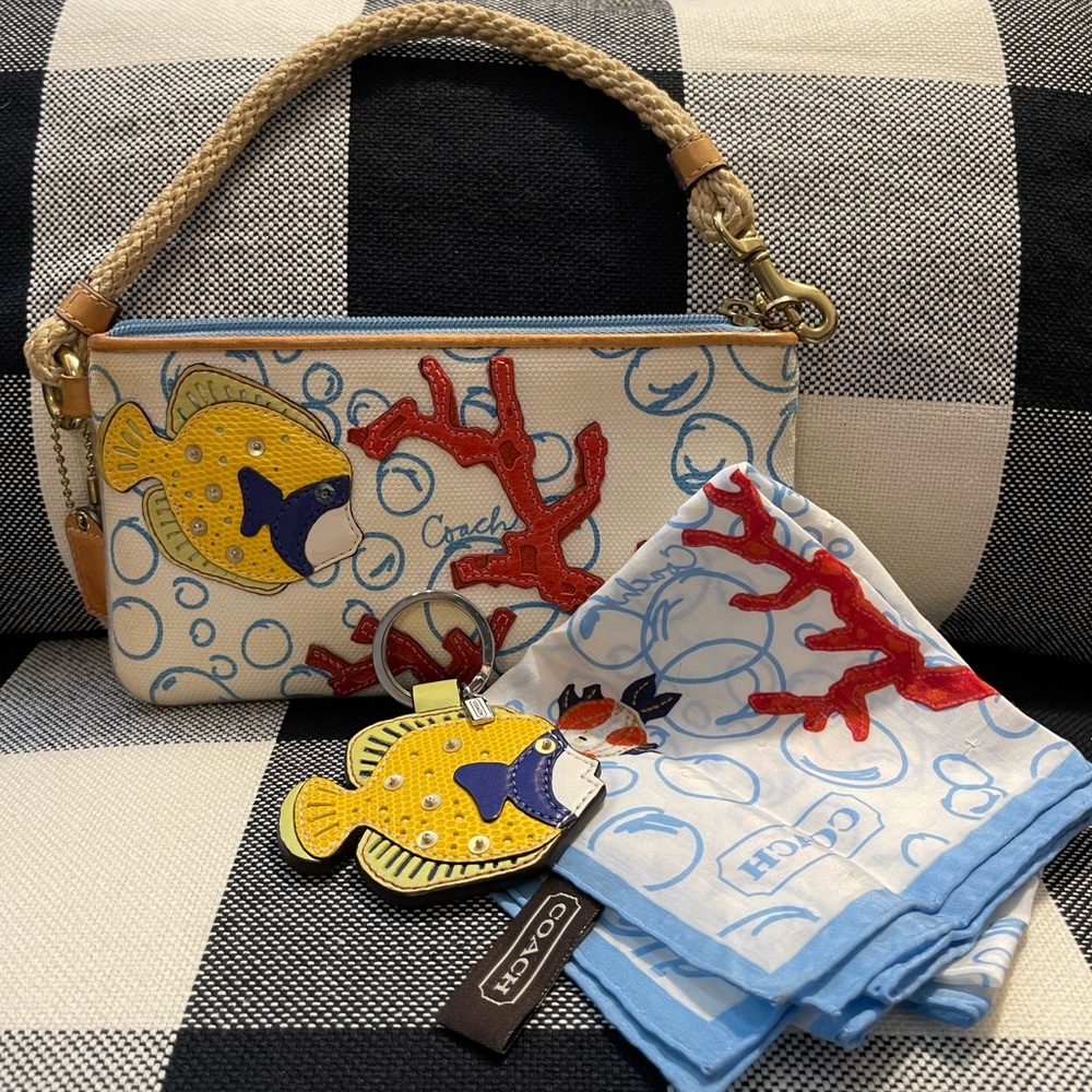 Coach fish wristlet, keychain, and scarf